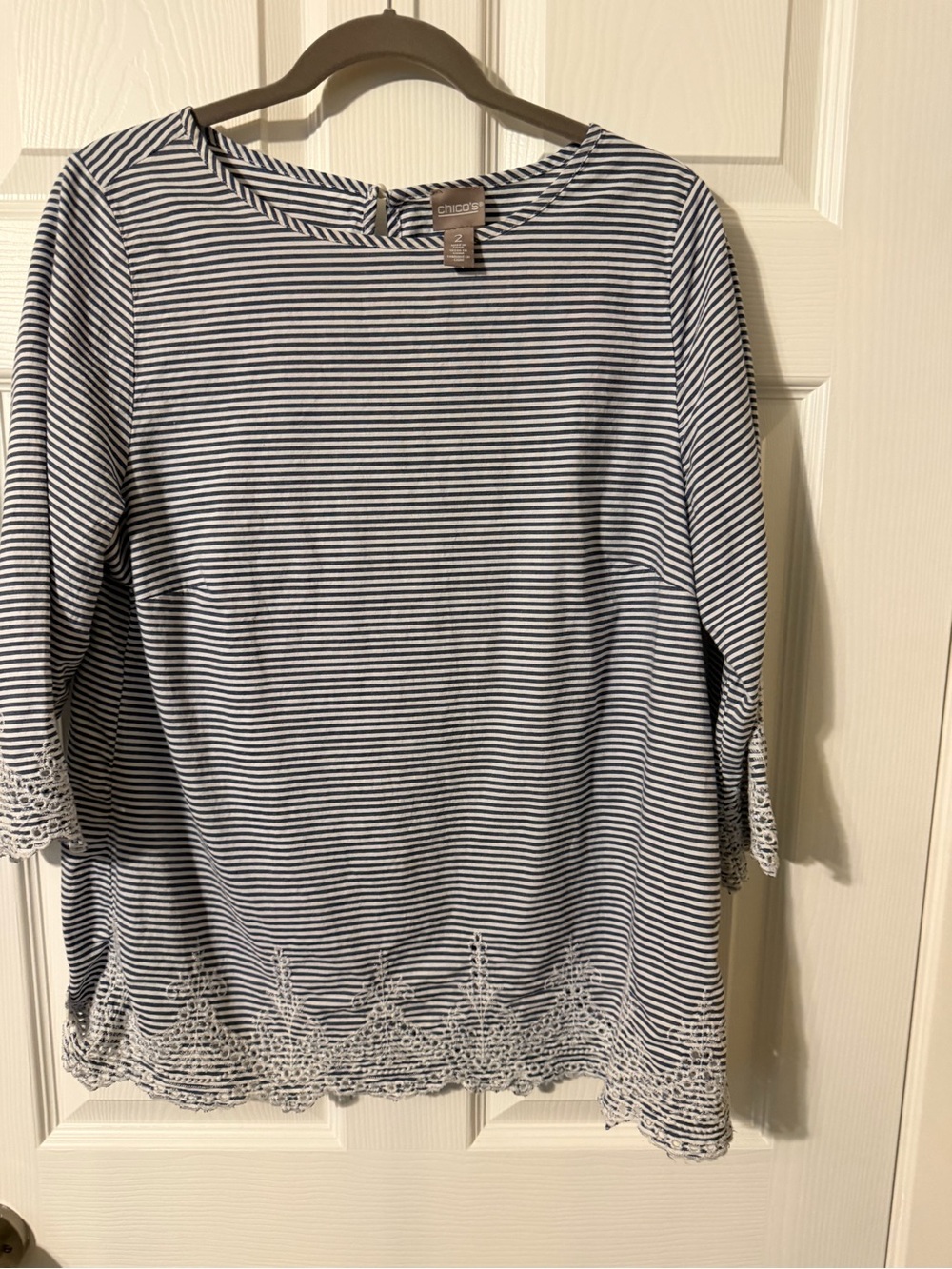 Chico's Navy and White Striped Lace-Hem Top